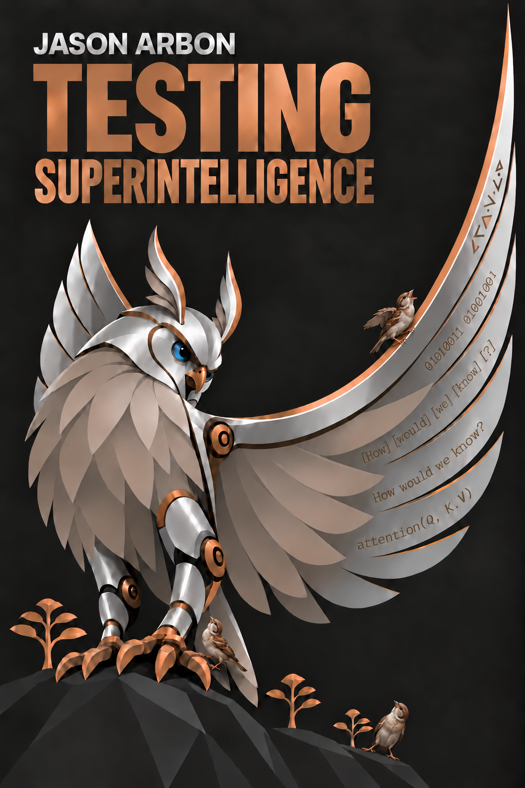Testing Superintelligence book cover with a robotic owl and three curious sparrows